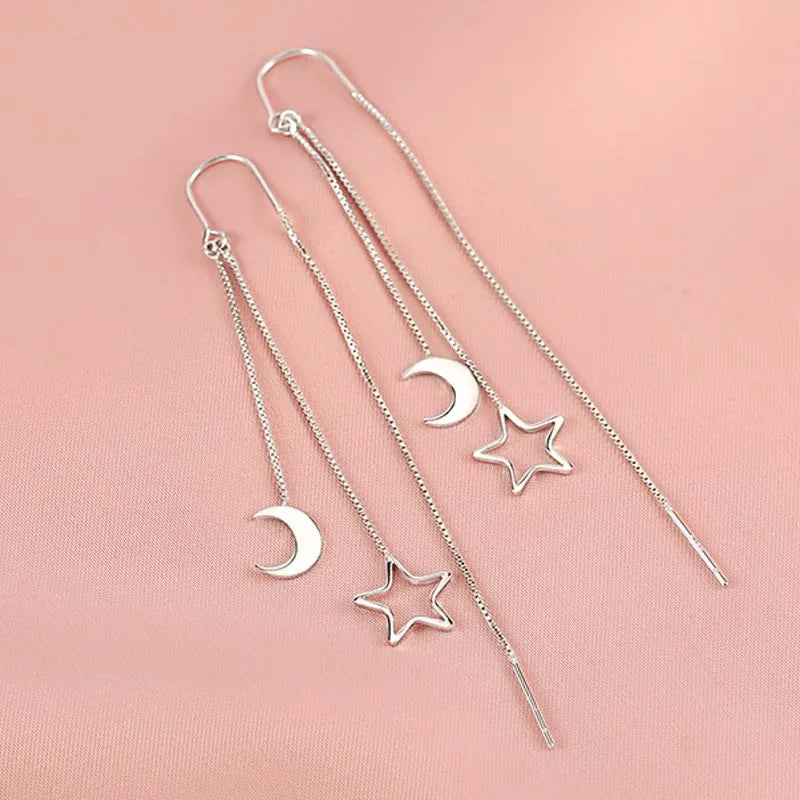 925 Sterling Silver Star Moon Earrings Women's Tassels Simple Long Cut Out Temperament Earrings Fashion Jewelry Accessories