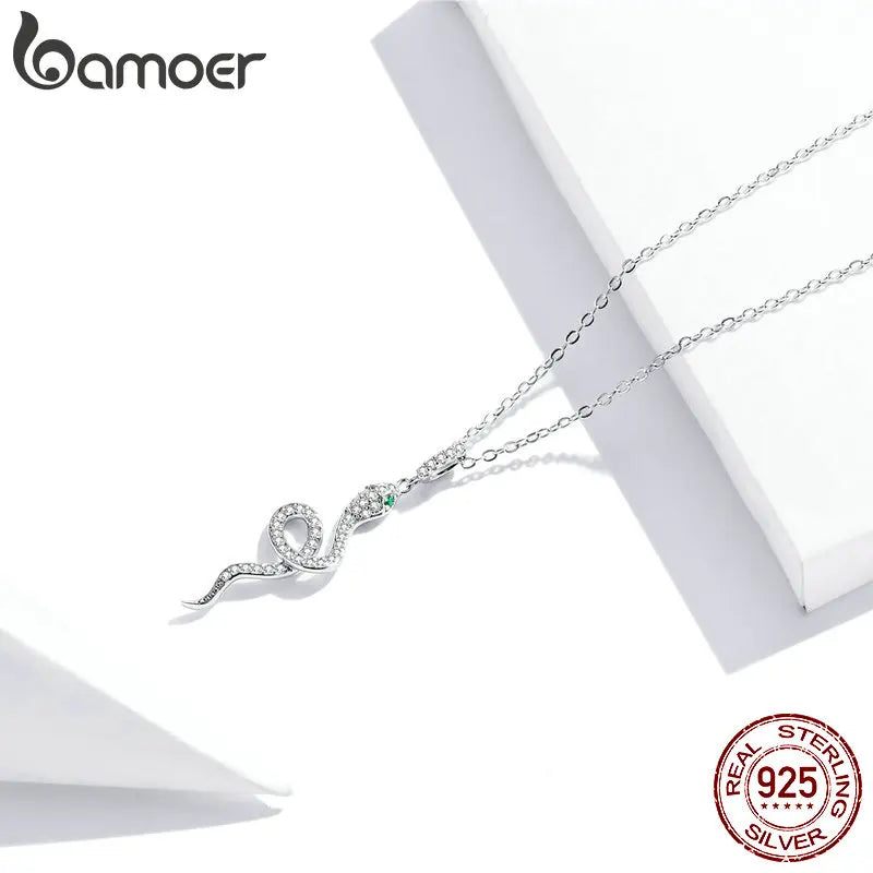 BAMOER 925 Sterling Silver Snake Pendant Necklace Pave Setting CZ for Women Adjustable Chain Link Fine Jewelry Party Gift