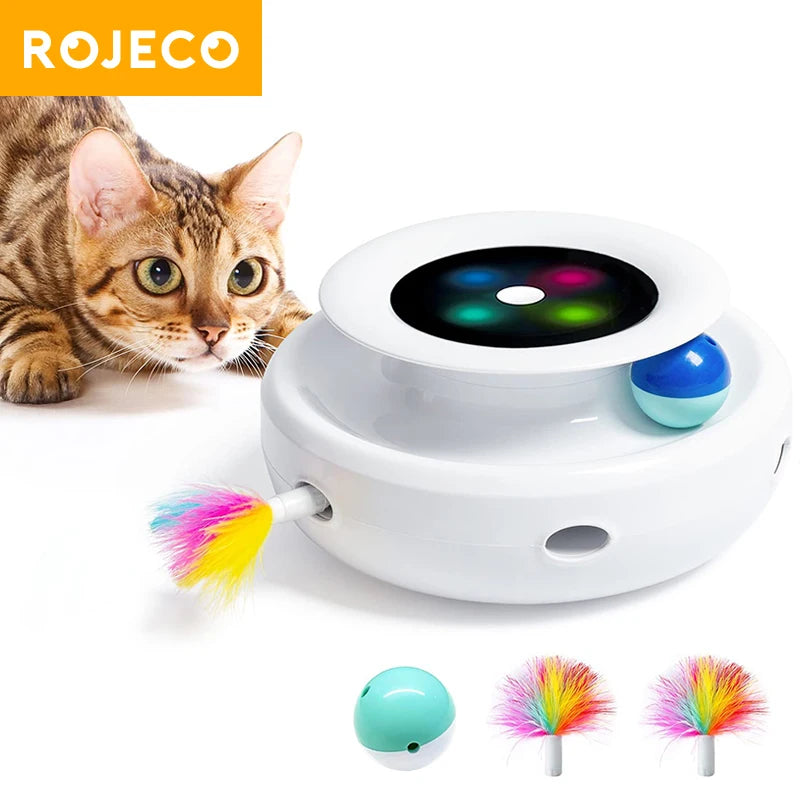 ROJECO 2 in 1 Smart Cat Toys Automatic Feather Fun Ball Toy Set For Cat Dog 5 Modes Electronic Interactive Pet Toy Accessories