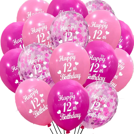 30 Pcs Happy 12nd Birthday  Latex Balloons Princess Balloons Pink Balloons for Girl 12 Years Old Birthday Party Decorations