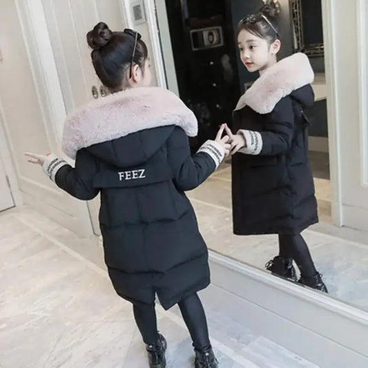 New Girls clothing Winter Warm down Cotton Jackets Children parka faux Fur Collar Coat Girl Thicken overalls Hooded kids Clothes