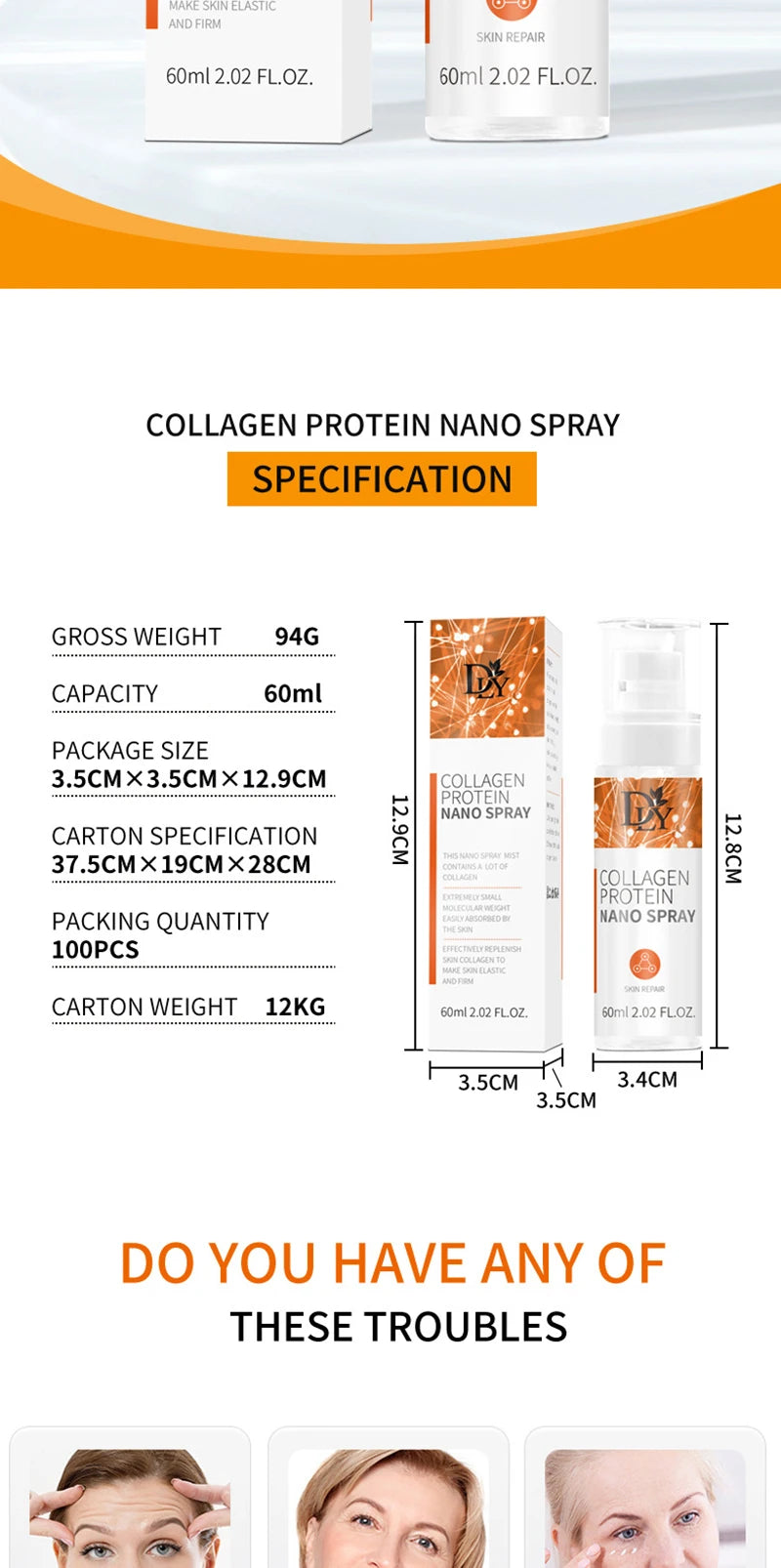 Nano Hydrolyzed Collagen Protein Film Mask Face Serum Spray Set Wrinkle Repair Soluble Face Filler Brightening Skin Care Product