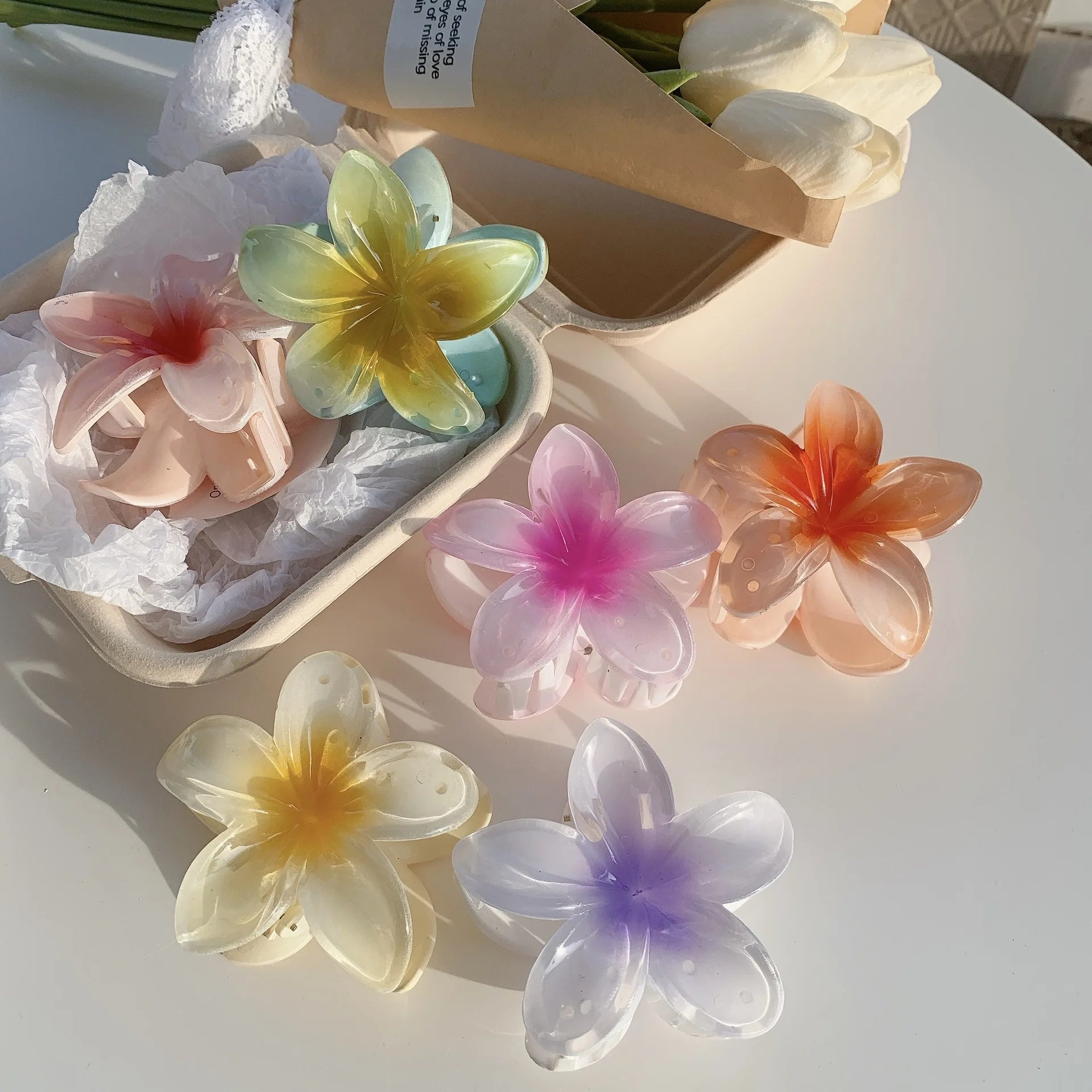 1/2Pcs Gradient Colored Flower Acrylic Hair Claws Clip Women Girls Sweet Hairpins Beach Hawaiian Style Hair Accessories