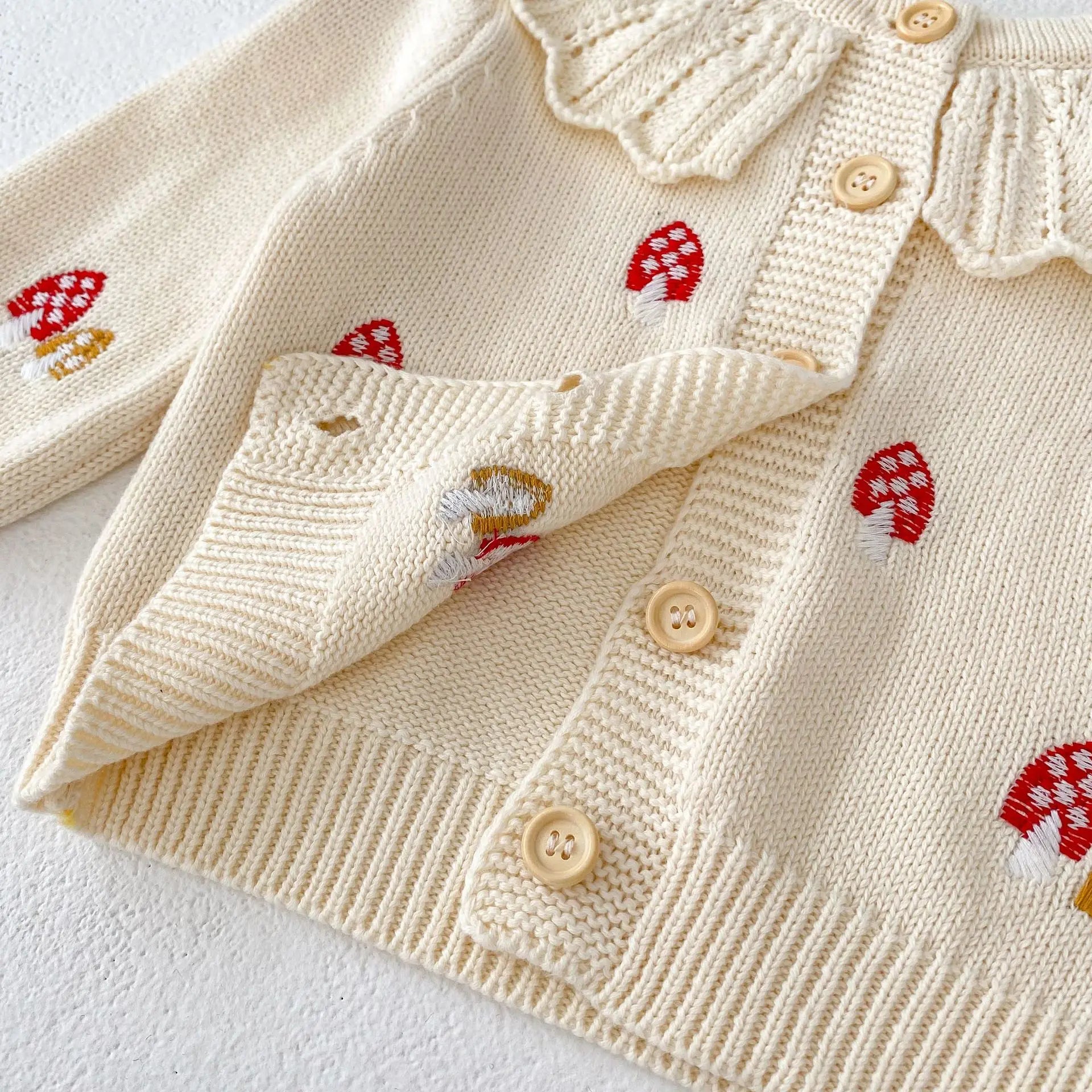 Baby Girl Knit Cardigan  0-3Y | Autumn Winter Cotton Sweater with Embroidered Mushrooms | Toddler and Kids Girls' Coat