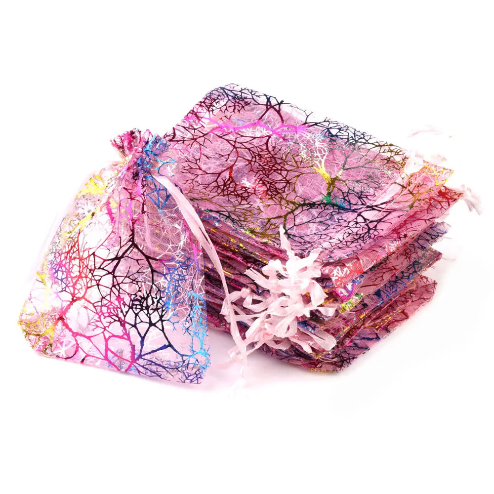 25/50/100pcs/lot Organza Gift Bag Jewelry Packaging Drawstring Bag Multi-size Colorful Trees Printing Party Wedding Candy Bag