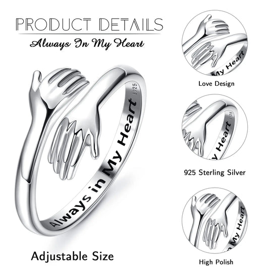 Fansilver 925 Sterling Silver Hug Ring for Women Adjustable Hugging Hands Open Love Promise Friendship Ring Jewelry Wholesale