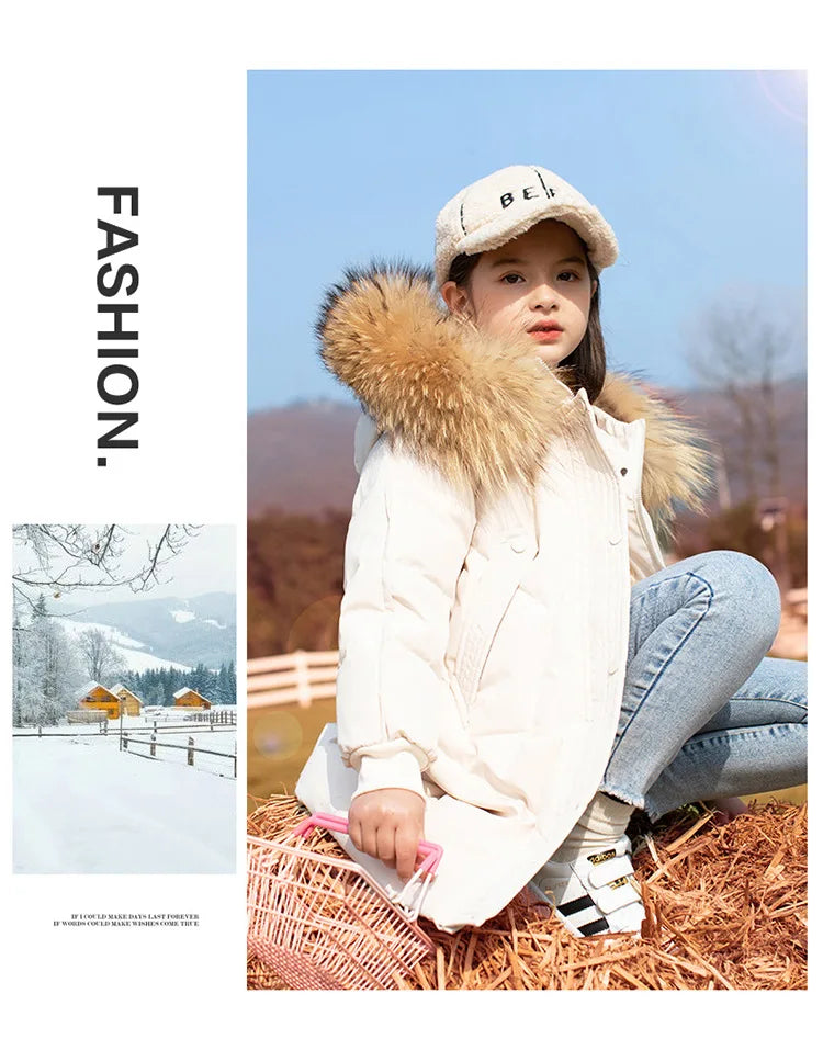 RAISE 2024 Winter Down Jackets For Grils 5-14Y Kids Junior Girl Parkas Real Raccoon Fur Solid Waterbreaker Babys Girls Outerwear