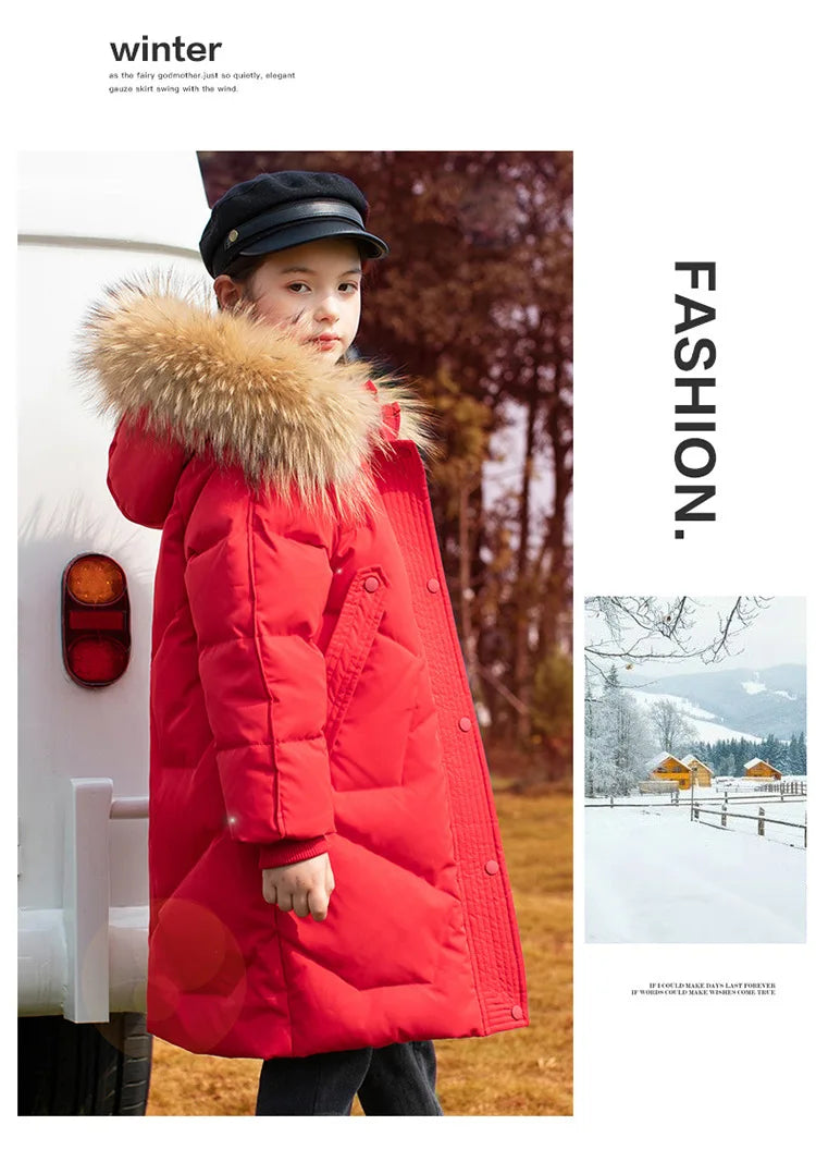 RAISE 2024 Winter Down Jackets For Grils 5-14Y Kids Junior Girl Parkas Real Raccoon Fur Solid Waterbreaker Babys Girls Outerwear