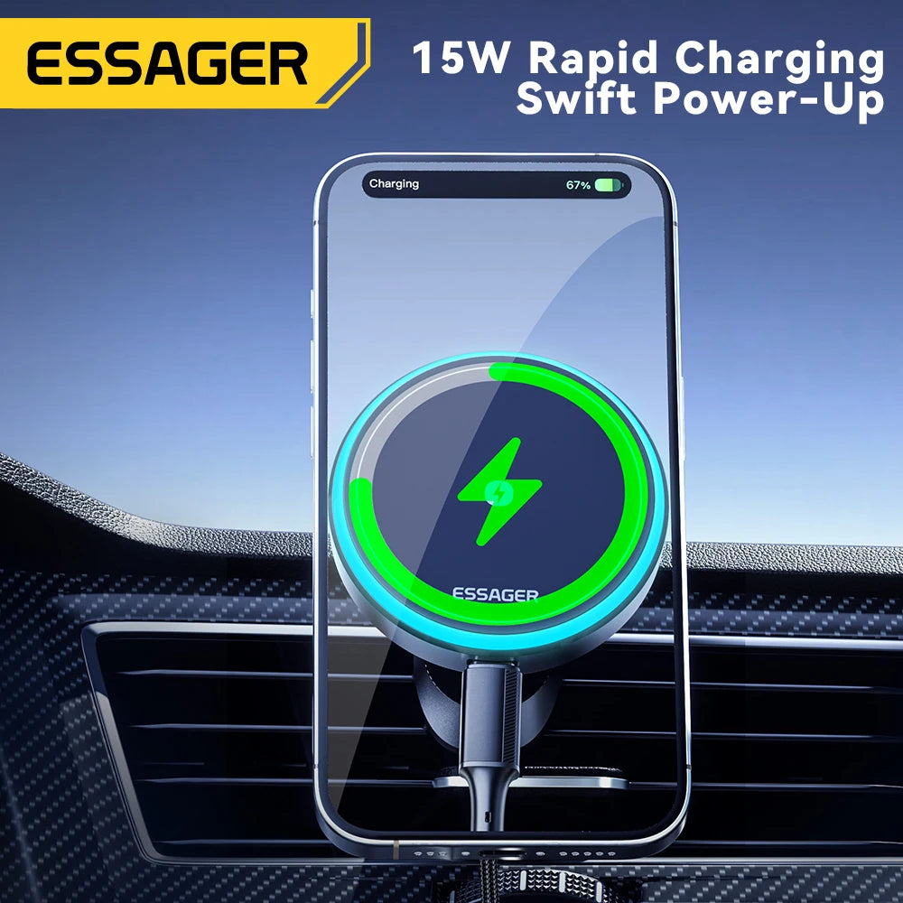 Essager Magnetic Car Phone Holder 15W Wireless Charger Stand For iPhone 15 14 13 Pro Max Car Mount Charger for Magsafe LED Light