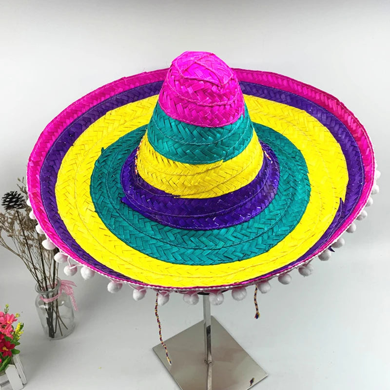 Mexican Pompom Straw Hat Shawl Hawaiian Style Halloween Cosplay Wedding Costume Party Carnival Holiday Decorations