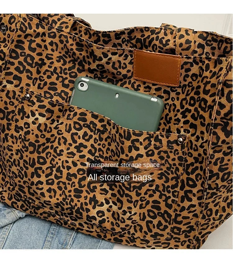 Oversized Leopard Prints Shoulder Bags for Women Deformable Canvas Large Capacity Shopping Totes 2024 Winter New Luxury Handbags