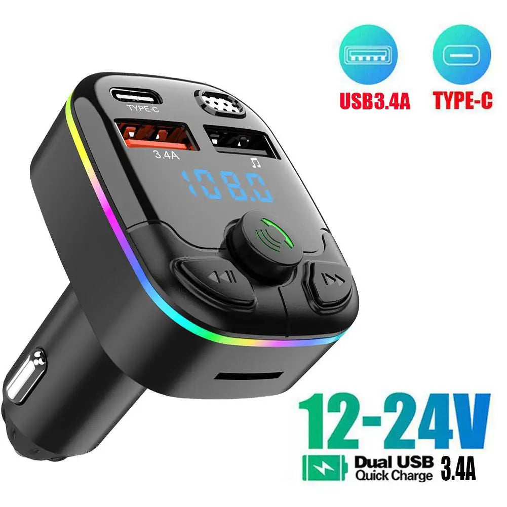 蓝牙 5.0 车载 FM 发射器 PD Type-C 双 USB 氛围播放器 MP3 充电器 Type-C 无线灯 18W 免提 PD QC3.0 Y3Z4