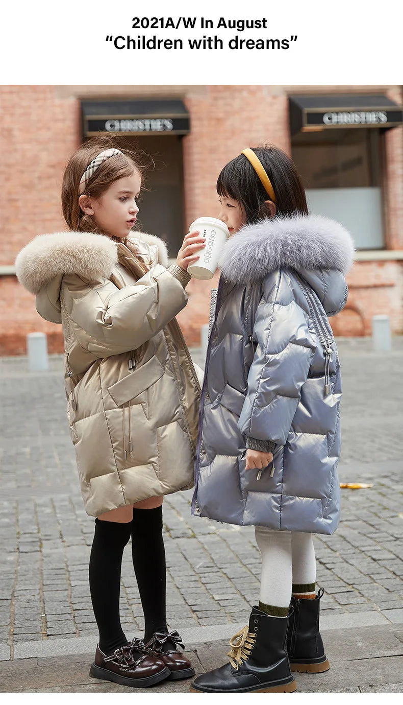 2024 Girl Winter Down Jacket Faux Fur Waterproof Hooded Long Girl Winter Outerwear Coat 5-16 Years Teenage Girl Parka Snowwear