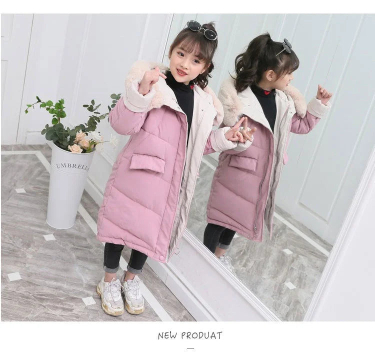 New Girls clothing Winter Warm down Cotton Jackets Children parka faux Fur Collar Coat Girl Thicken overalls Hooded kids Clothes