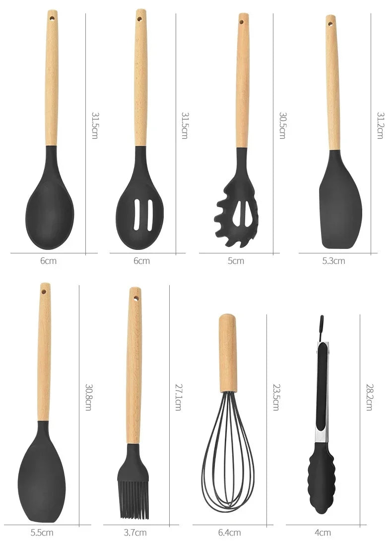 Silicone Cookware Nonstick Cookware Kitchen Utensils Set Spatula Spatula Egg Beaters Wooden Handle Cooking Tools Set