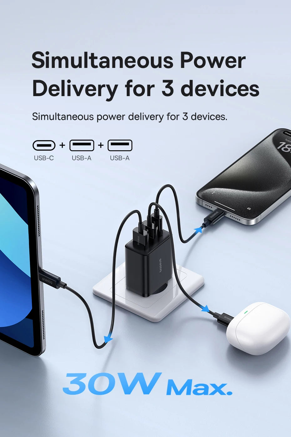 Baseus 30W USB Charger QC3.0 PD3.0 Type C PD Fast Charging 3 Ports Quick Phone Charger For iPhone 15 14 13Pro Max Xiaomi Samsung