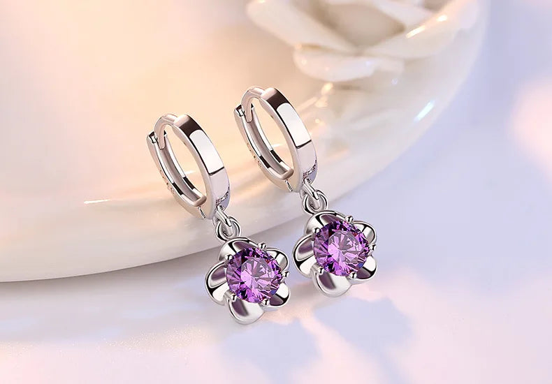 Bulbusbow 925 Sterling Silver Flower Dream Catcher Hoop Earrings with Purple & White Zircon"