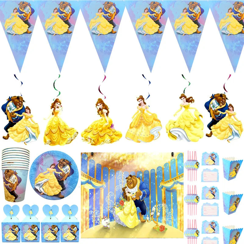 Beauty and the Beast Birthday Party Supplies Disposable Tableware Blowout Balloon Backdrop Decoration Cake Topper Banner Plate