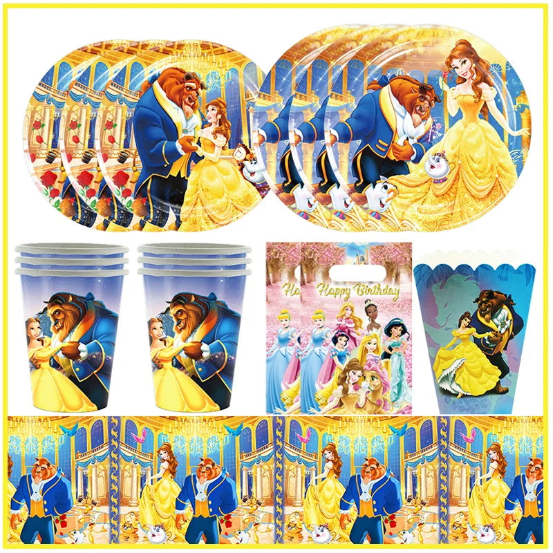 Disney Beauty And The Beast Birthday Party Decoration Kit Supplies Set Girl Tableware Paper Cups Plates Tablecloth Balloons Deco