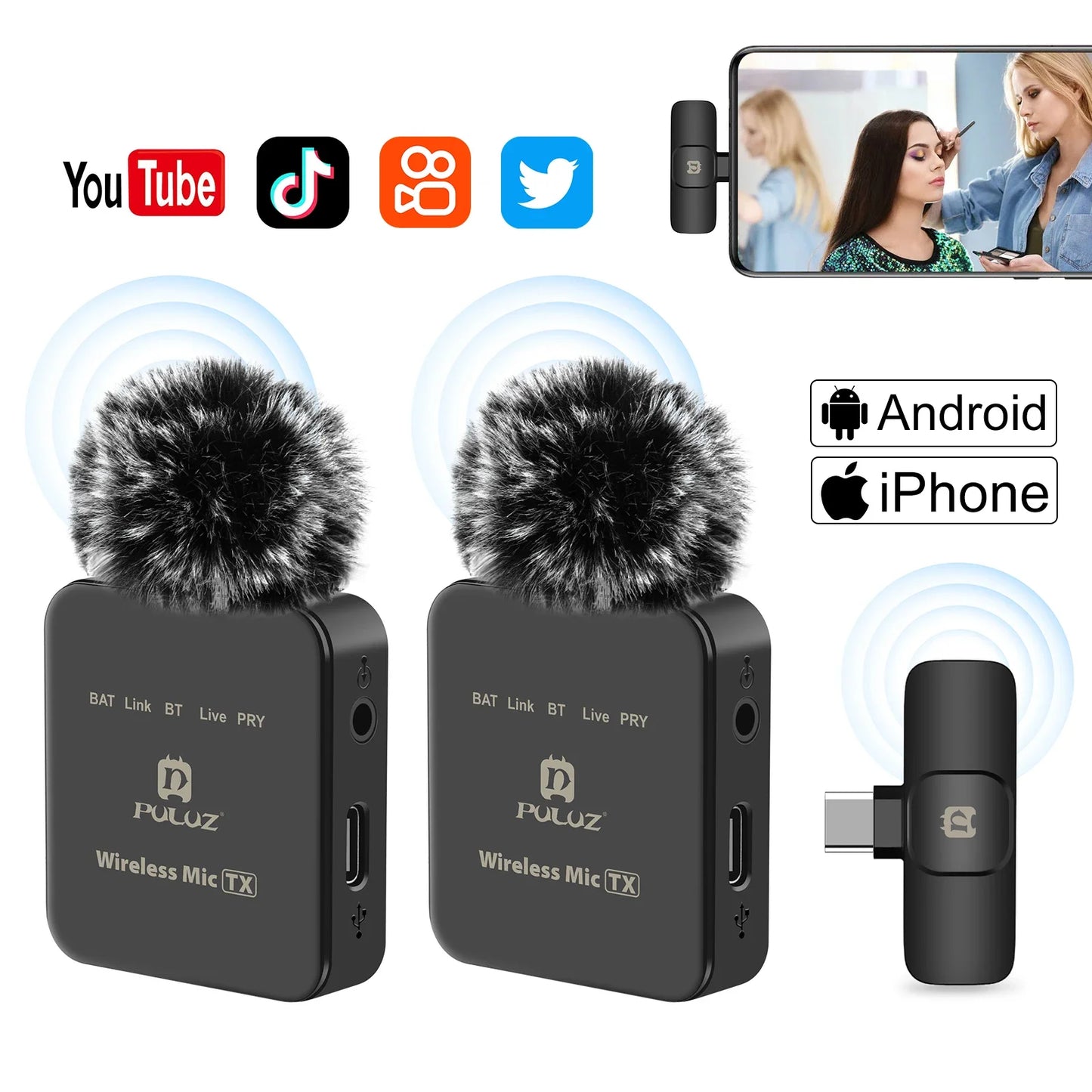 PULUZ Wireless Lavalier Microphone Portable Audio Video Recording Mini Mic for iPhone Android Outdoor Live Broadcast Phone Mic