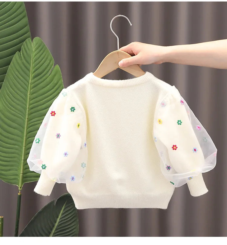 Spring Autumn Baby Girl Sweater Cardigan Cotton Round Collar Tulle Lantern Sleeve Kid Girl Coat Star Newborn Girl Knitwear Coats