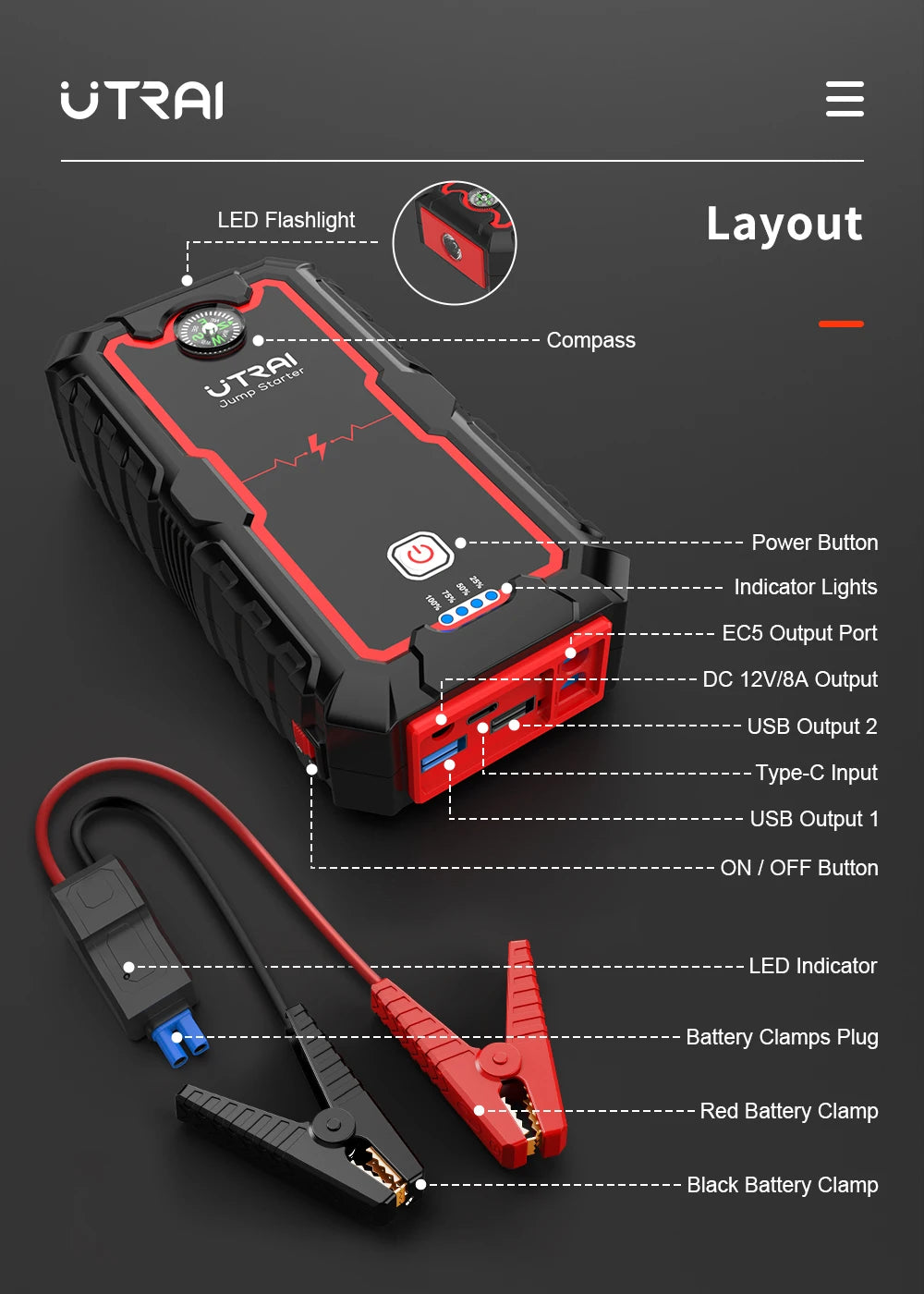 UTRAI Power Bank  2000A Jump Starter Portable Charger Car Booster 12V Auto Starting Device Emergency Car Battery Starter