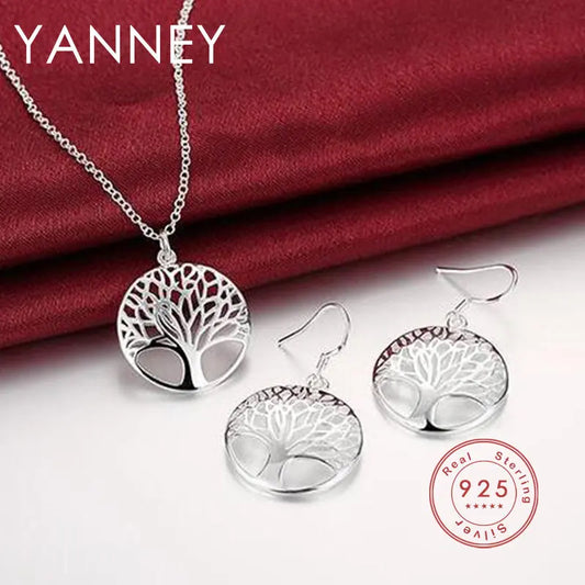 925 Sterling Silver Charm Round Tree of Life Earrings Necklace Set For Women Fashion Wedding Christmas Jewelry Set