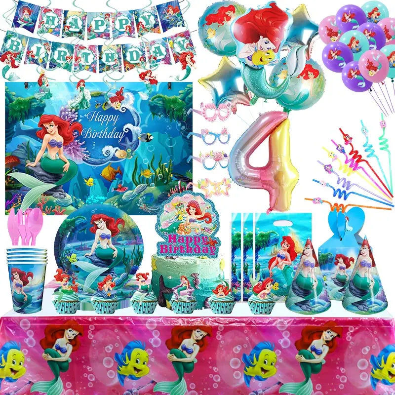 Disney Ariel Mermaid Birthday Decoration Cartoon The Mermaid Princess Tableware Cup Plate Balloons Party Supplies Baby Shower