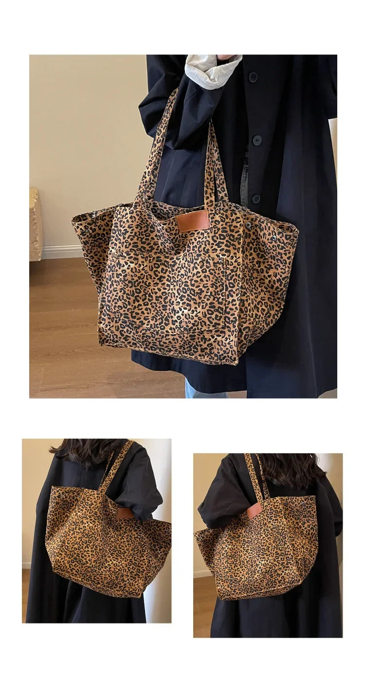 Oversized Leopard Prints Shoulder Bags for Women Deformable Canvas Large Capacity Shopping Totes 2024 Winter New Luxury Handbags