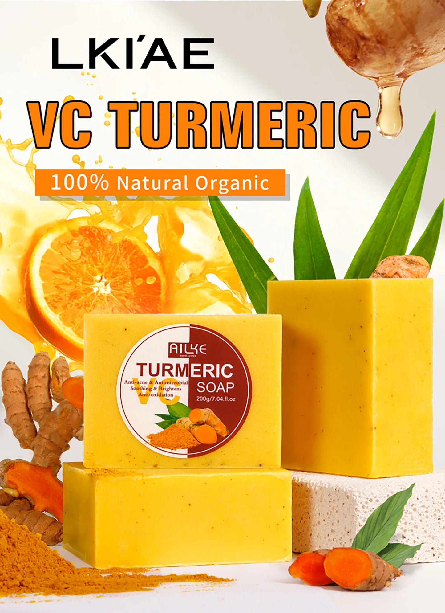 AILKE Turmeric Soap, Whiten, Remove Acne, Oil Control, Brightening, Clean Skin, Deeply Exfoliates, Even Skin Tone