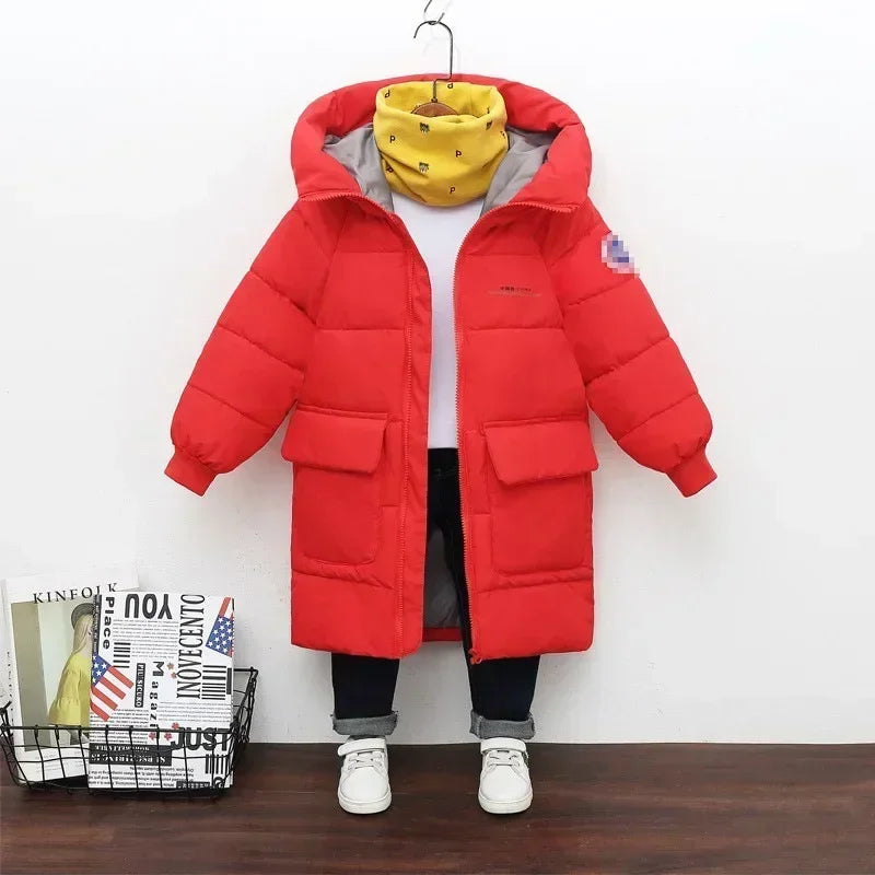 Children's hooded cotton jacket, medium length windproof jacket, warm, cold proof, solid color, winter, new fashionable down jac