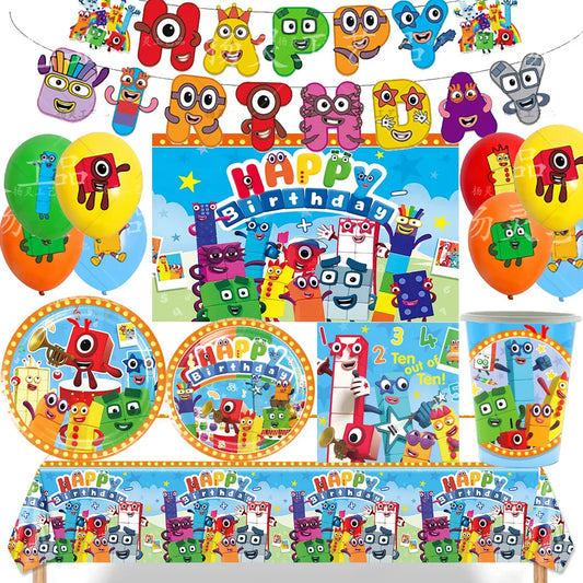 Cartoon Number Building Blocks Theme Birthday Party Decoration Disposable Tableware Balloon  Banner Cake Topper Baby Shower Prop