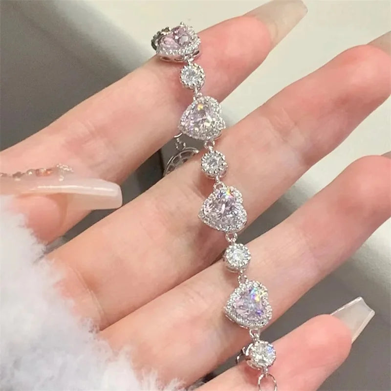 Luxury Pink Stone Heart Bracelet For Girlfriend Valentine's Day Gift Top Quality S925 Bracelet Women Jewelry