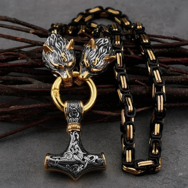 Fashionable And Exquisite New Retro Nordic Viking Hammer Pendant Wolf Head Necklace For Personalized Men'S Amulet Jewelry Gift