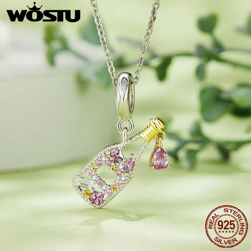 WOSTU Romantic French champagne Charms Umbrella Pendant 925 Sterling Silver 18K Gold Two-Tone Beads Fit DIY Bracelet Necklaces