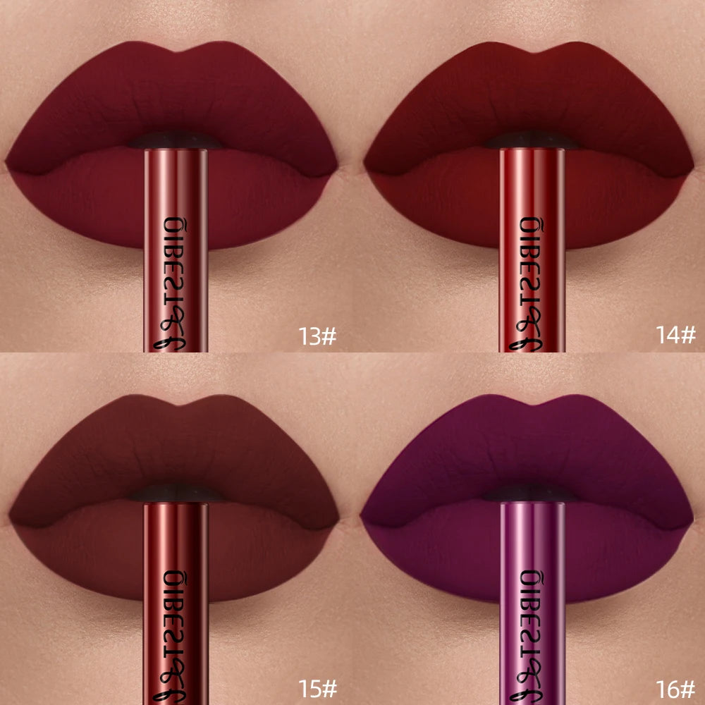 QIBEST Sexy Red Matte Lip Gloss Long Lasting Velvet Liquid Lipstick Lip Makeup Women Beauty Nonstick Cup Waterproof Lipgloss Hot