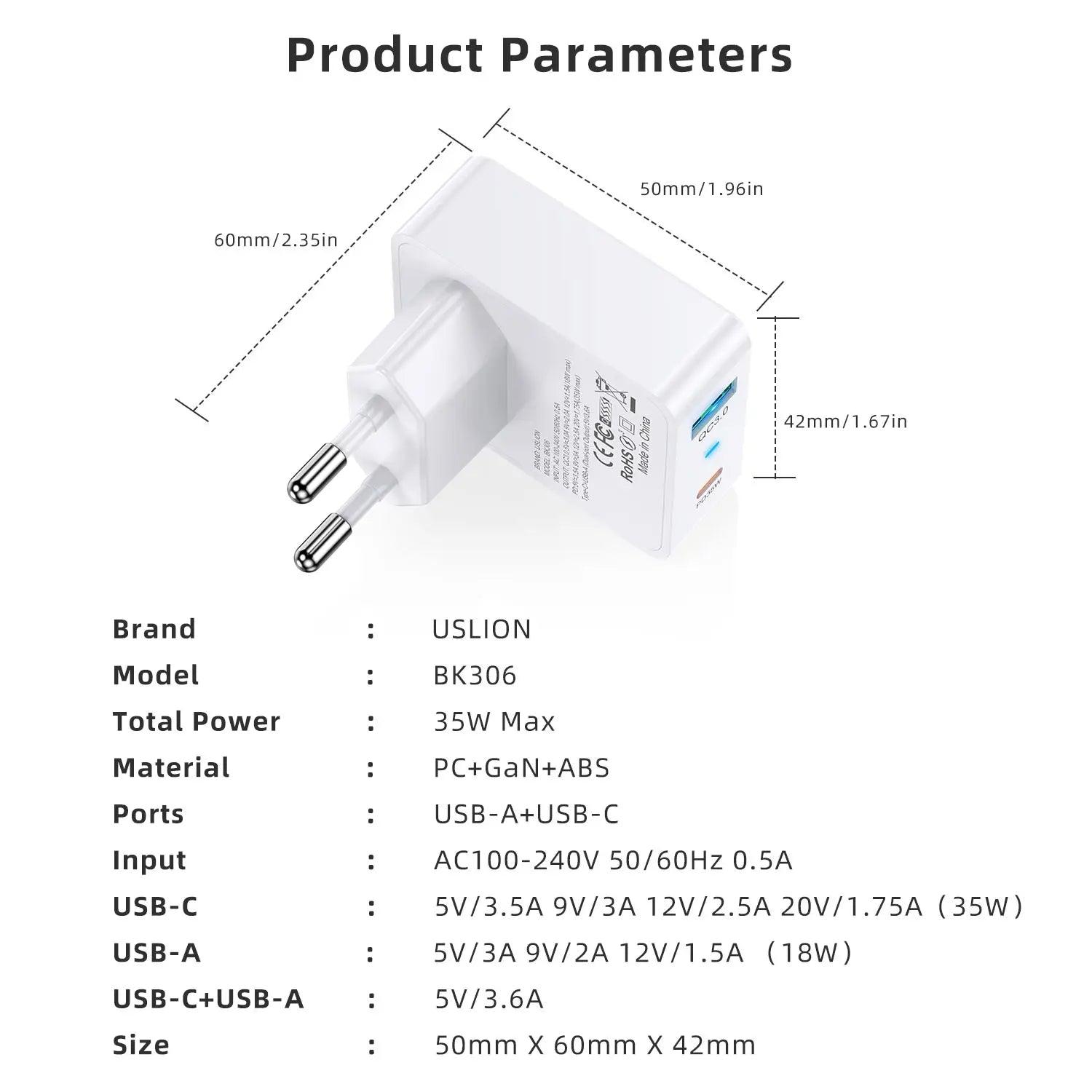 شاحن سريع USLION PD 35 وات بمنفذ USB Type C QC3.0 مربع من ألياف الكربون محول الاتحاد الأوروبي/كوريا/الولايات المتحدة لهاتف iPhone 15 14 Pro Max iPad Xiaomi 13 Samsung