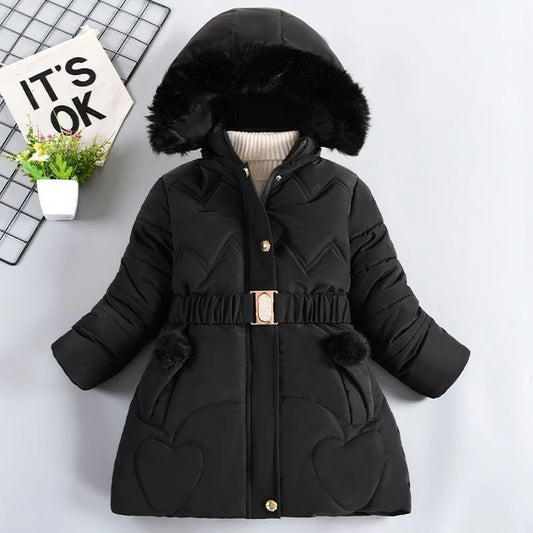 Autumn Winter Kids Girls Long Sleeve Jacket Plush Collar Hooded Padded Lining Coat For Children Warm Thicken Outwear 3 To 10 Yrs