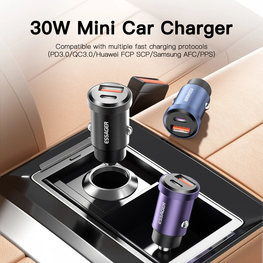 Essager 30W USB 车载充电器快速充电4.0 QC PD 3.0 SCP 5A USB Type C 汽车快速充电适用于 iPhone 14 13 华为三星小米