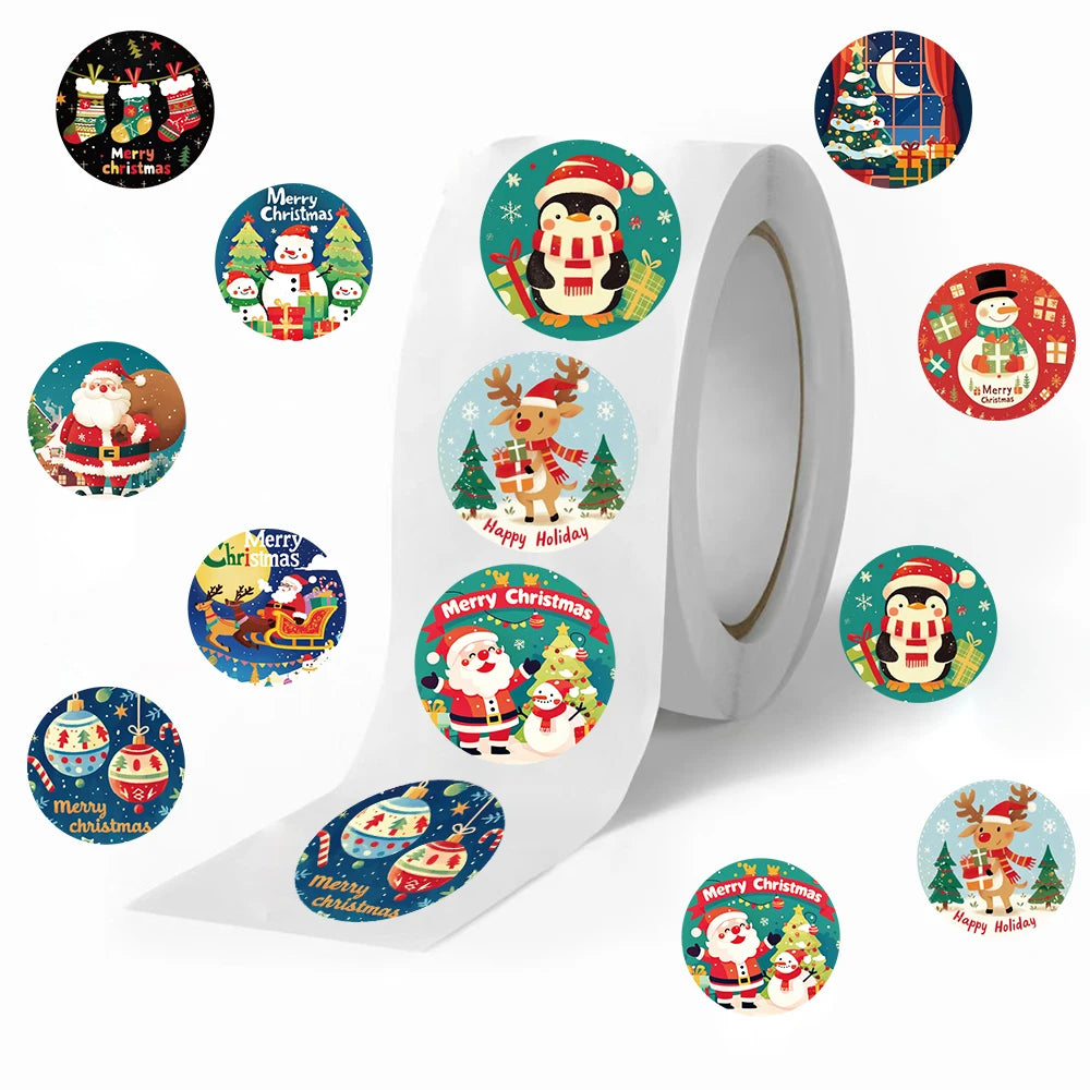 500PCS New Christmas Stickers Roll Small Children Stickers Cute Kawaii Cartoon Packaging Stickers Photocard Decor Lables for Kid