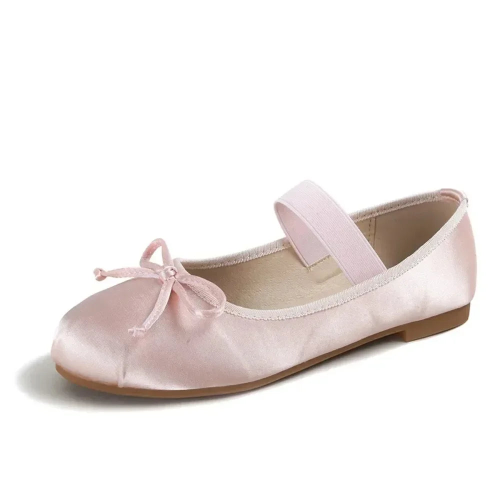 Ballet Flats Women Shoes 44 Mary Jane Shoes Round Toe Women's Shoe Bow Silk Satin Flats Women Shoes Plus Size 33-44 Valentine