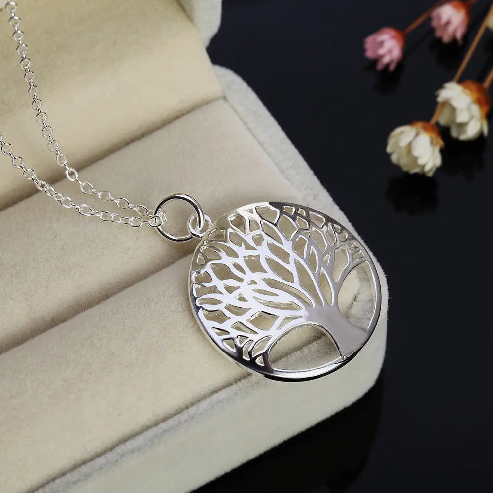 925 Sterling Silver Charm Round Tree of Life Earrings Necklace Set For Women Fashion Wedding Christmas Jewelry Set