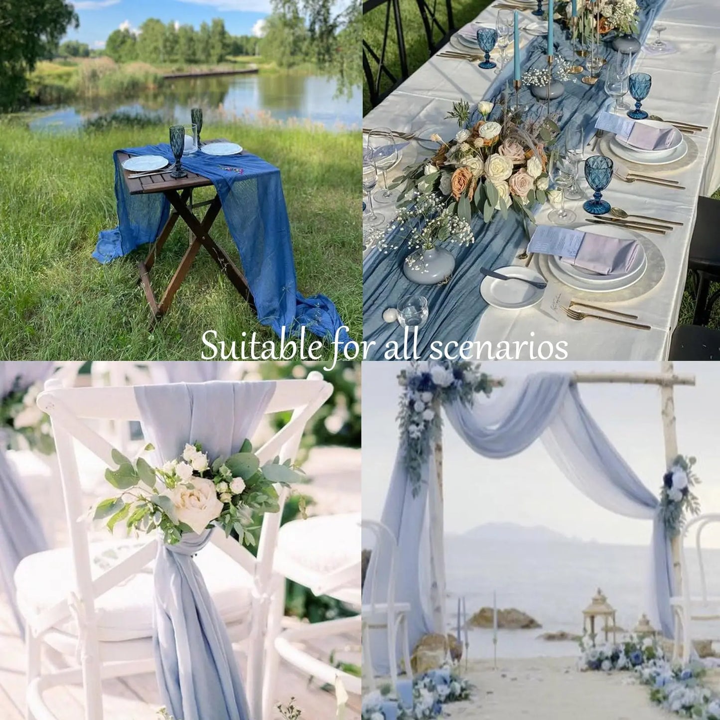 Set of 3 Semi-Sheer Dusty Blue Table Runner Gauze Cheesecloth Table Setting Dining Wedding Party Christmas Arches Cake Decor