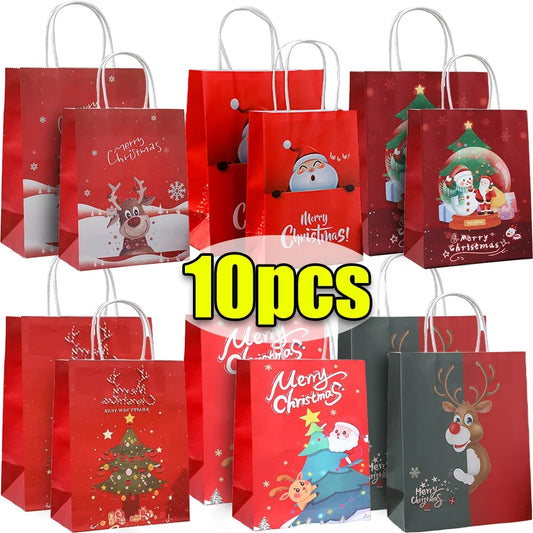 Bulbusbow Christmas Kraft Paper Bags 2024 New Year Cute Santa Claus Gift Box Holiday Party Children Candy Cookie Packaging Bag with Handle