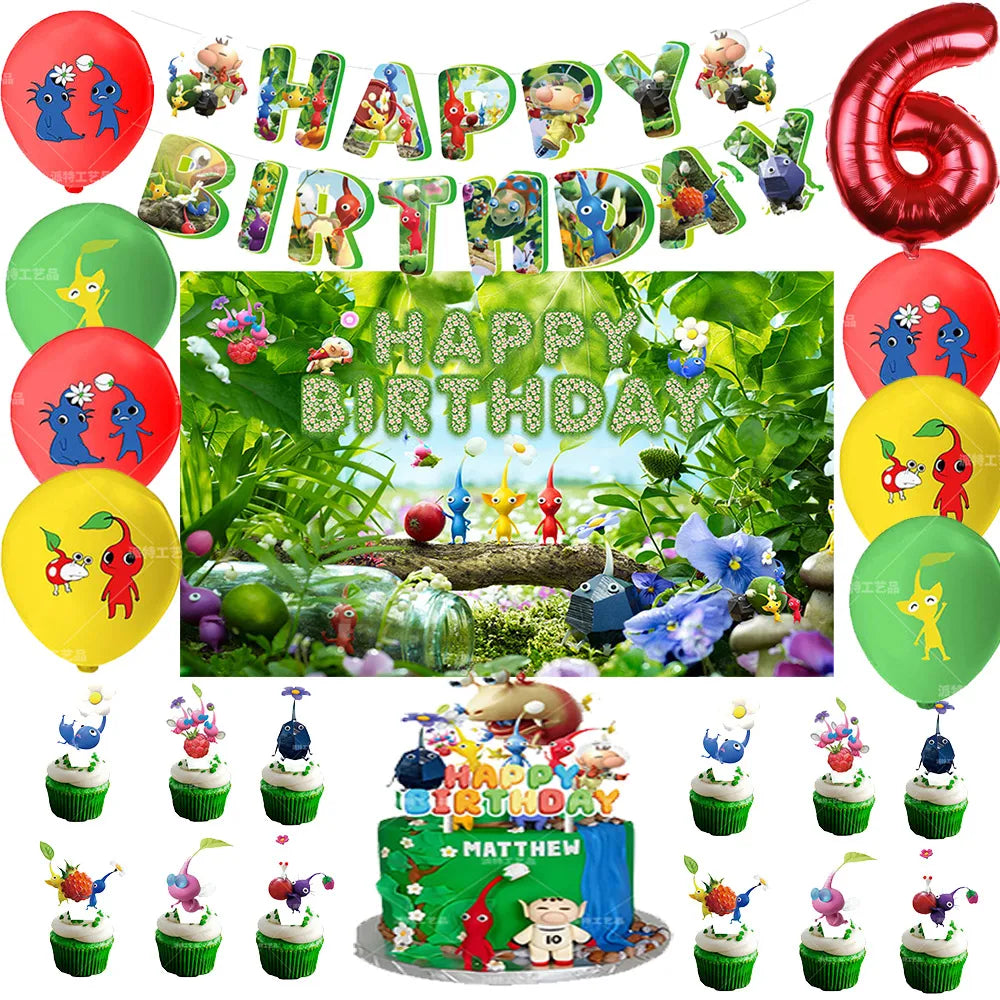 The Game Pikmin Theme Birthday Party Decoration Number Balloon Cake Topper Banner Background Baby Shower Kid Favor Gift Supplies