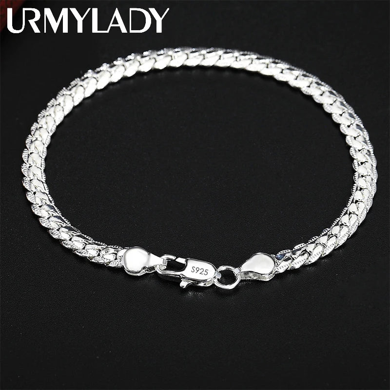 URMYLADY 925 Sterling Silver 2 Piece 6MM Full Sideways Chain Necklace Bracelet For Women Men Fashion Jewelry Sets Wedding Gift