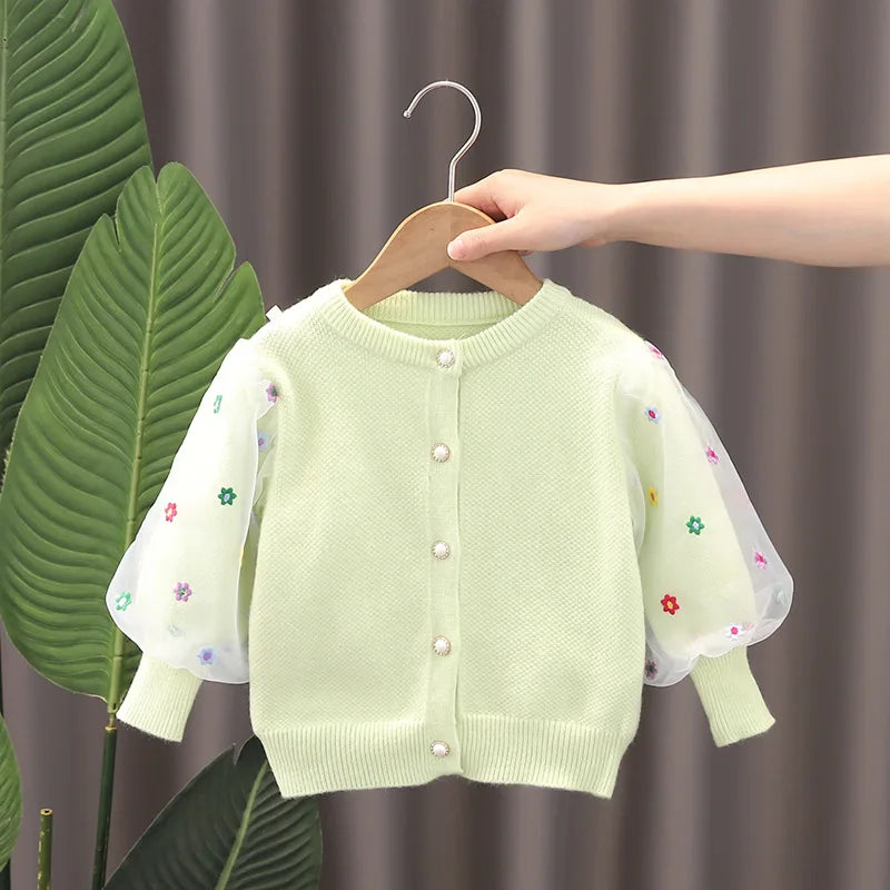 Spring Autumn Baby Girl Sweater Cardigan Cotton Round Collar Tulle Lantern Sleeve Kid Girl Coat Star Newborn Girl Knitwear Coats