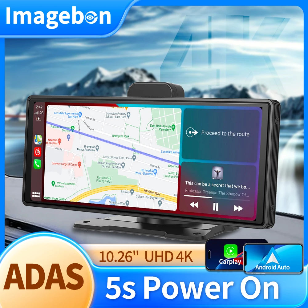 Bulbusbow 10.26" 4K ADAS Dash Cam – Wireless Carplay & Android Auto, GPS, WiFi, Rearview Camera | Waterproof Car DVR with Voice Control & Parking Monitor