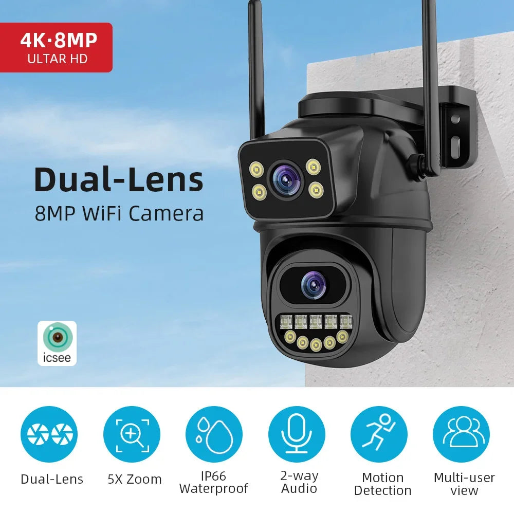 BELIA 4K 8MP WiFi 监控摄像头，双镜头，4 倍数码变焦，AI 人体检测，ONVIF，户外安全 PTZ IP 摄像头