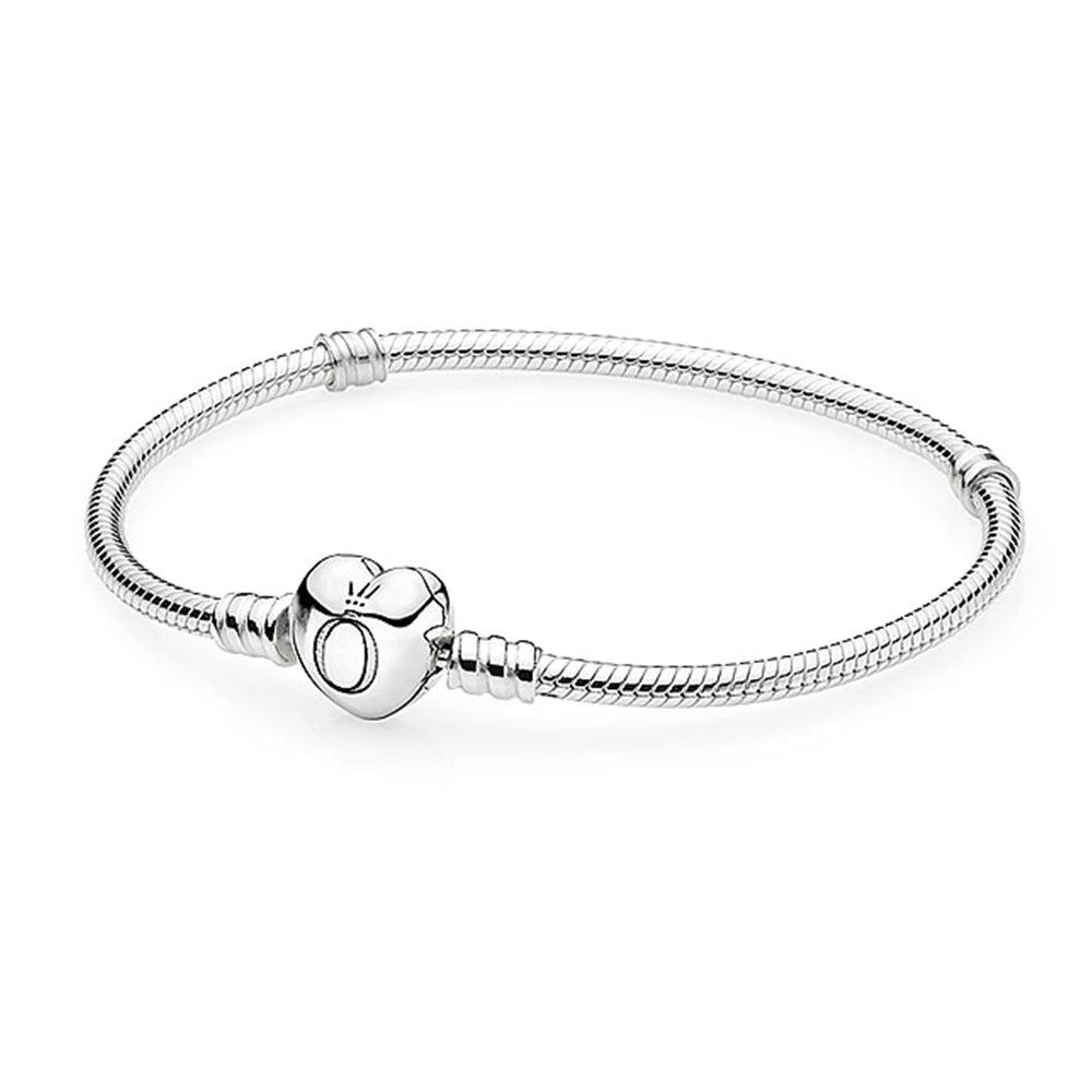 Bulbusbow 925 Sterling Silver Heart Clasp Snake Chain Charm Bracelet for Women with Cubic Zirconia Stones and Cloth Bag – Elegant Fashion Jewelry Gift